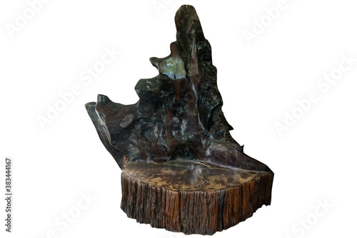 Root furniture on isolate white texture background with copy space and clipping path. Table chairs are made from stumps, roots, wood, and stumps that are processed. Most of them are Takian wood, Padau