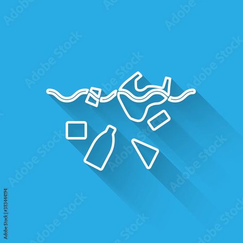 White line The problem of pollution of the ocean icon isolated with long shadow. The garbage, plastic, bags on the sea. Vector Illustration.