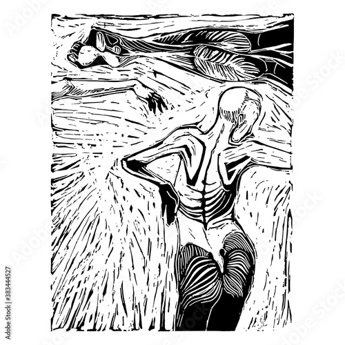 Woodcut dead woman sectioned in three parts on a textured background.Hand artwork digitally corrected in detail.