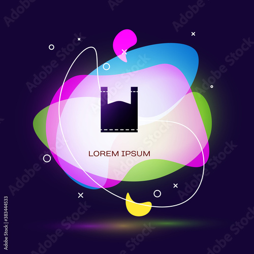Black Plastic bag icon isolated on blue background. Disposable cellophane and polythene package prohibition sign. Abstract banner with liquid shapes. Vector Illustration.