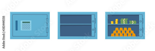 Closed safe, open empty safe and cabinet with money and gold bars. Steel strongbox with combination lock. Isolated vector illustration in flat style