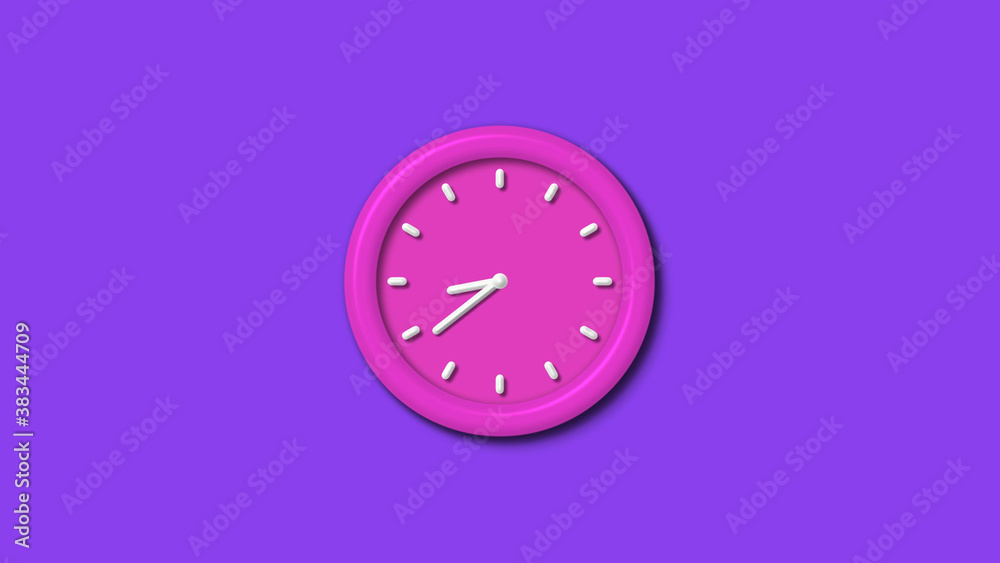 Amazing pink color 3d wall clock isolated on purple background,Counting down 12 hours wall clock