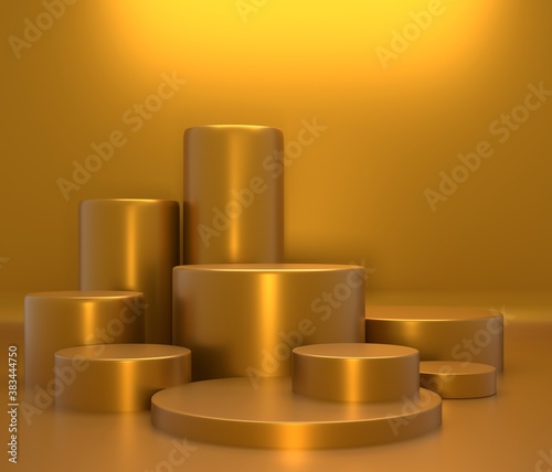 Concept product shelf podium gold color or empty pedestal display on vivid fashion background with minimal . 3D rendering