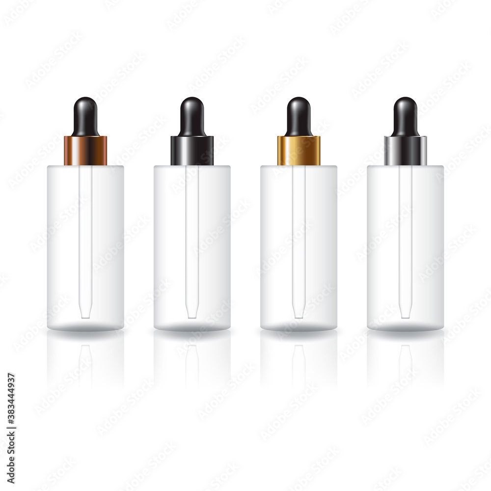 4 cap colors clear round cosmetic bottle with black dropper for beauty or healthy product mockup template. 4 cap colors clear round cosmetic bottle with black dropper for beauty or healthy product mockup template.