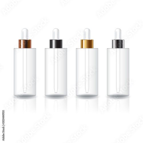 4 cap colors clear round cosmetic bottle with white dropper for beauty or healthy product mockup template.