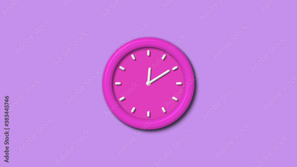 Pink color 12 hours 3d wall clock isolated on purple light background,wall clock isolated