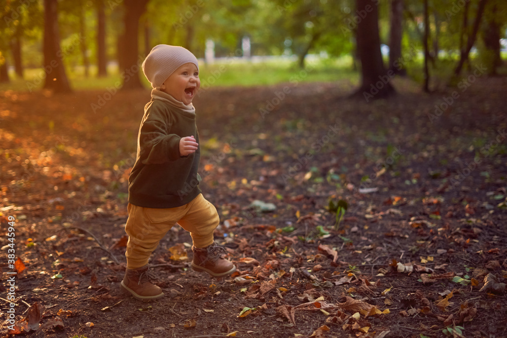 one and a half year old child running in the park in autumn