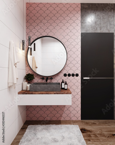 Corner of hotel bathroom with pink tiled walls, large mirror and grey washbasin. Classic style. 3d rendering
