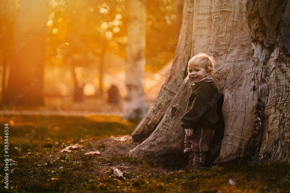 Obraz premium little child standing by a huge tree, dream and fairy tale concept