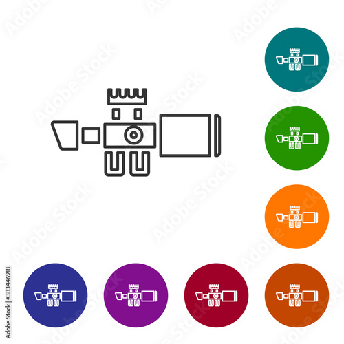 Black line Sniper optical sight icon isolated on white background. Sniper scope crosshairs. Set icons in color circle buttons. Vector.