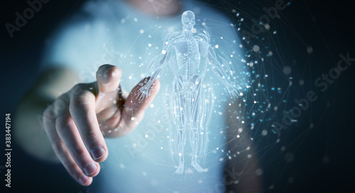 Man using digital x-ray human body holographic scan projection 3D rendering