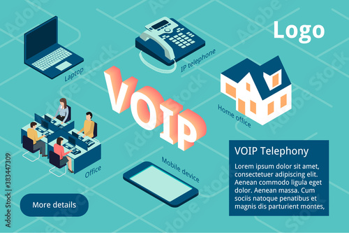 VoIP system configuration diagram in isometric view.Website page template for an IP company showing the advantages of IP telephony for business-the ability to make calls from a laptop,home office,etc.