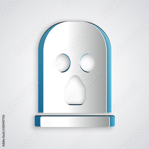 Paper cut Balaclava icon isolated on grey background. A piece of clothing for winter sports or a mask for a criminal or a thief. Paper art style. Vector.