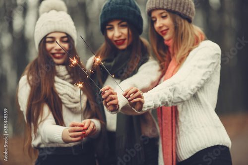 Friends in a winter park. Girls in a knited hats. Women with sparklers.
