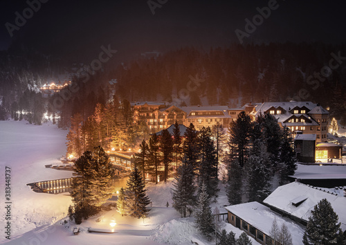 View on the mountains with hotels in Turracher Höhe, Austria in winter