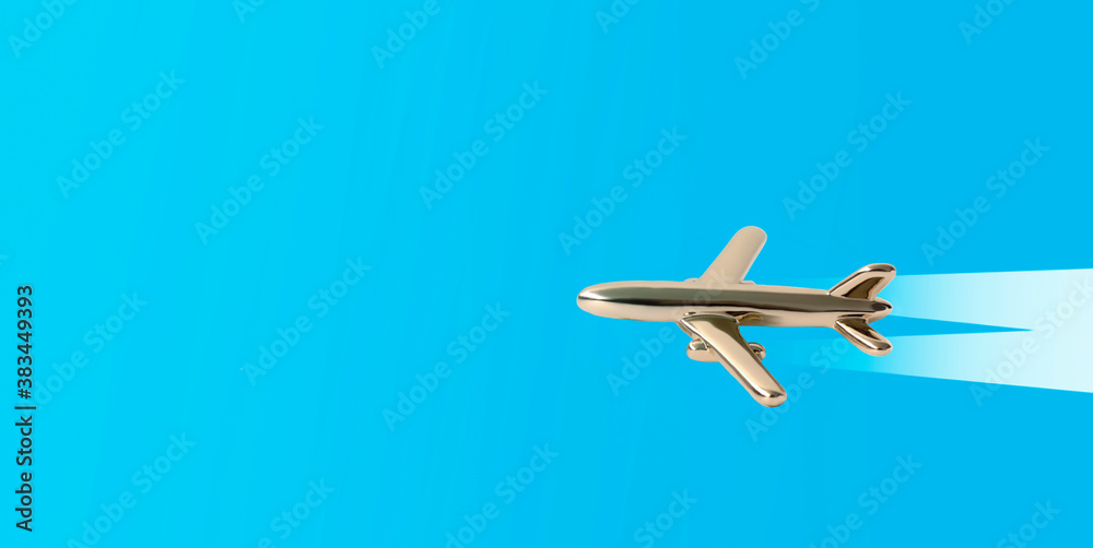 Golden airplane on a blue background, travel concept with a copy of space
