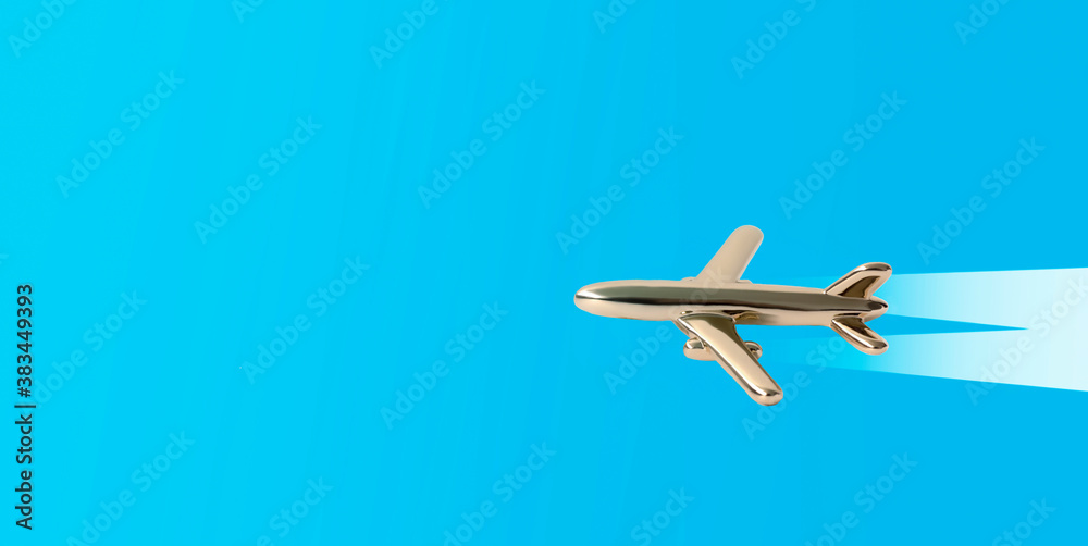 Golden airplane on a blue background, travel concept with a copy of space Golden airplane on a blue background, travel concept with a copy of space