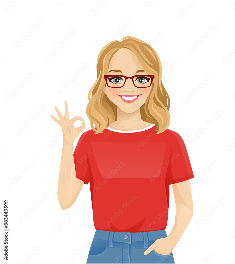 Young cheerful woman with glasses in casual style clothes gesturing ok sign isolated vector illustration Young cheerful woman with glasses in casual style clothes gesturing ok sign isolated vector illustration