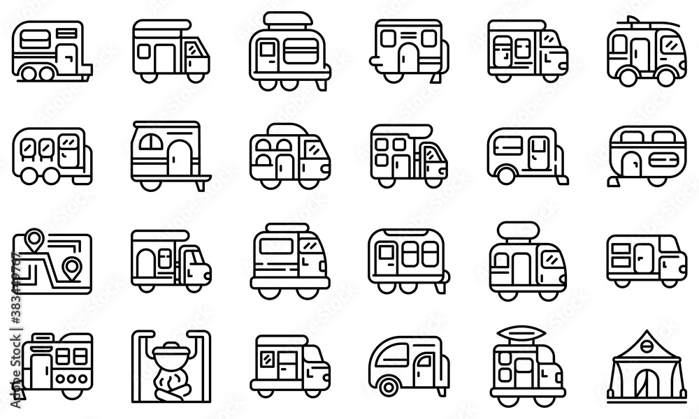 Auto camping icons set. Outline set of auto camping vector icons for web design isolated on white background Auto camping icons set. Outline set of auto camping vector icons for web design isolated on white background