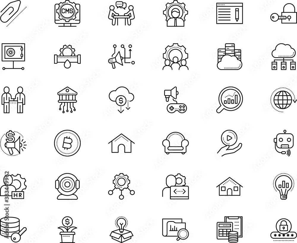 business vector icon set such as: workplace, neon, fortune, blog, rain, inspiration, professional, transfer, hosting server, clamp, conservation, tech, contour, desk, colleague, games, web hosting
