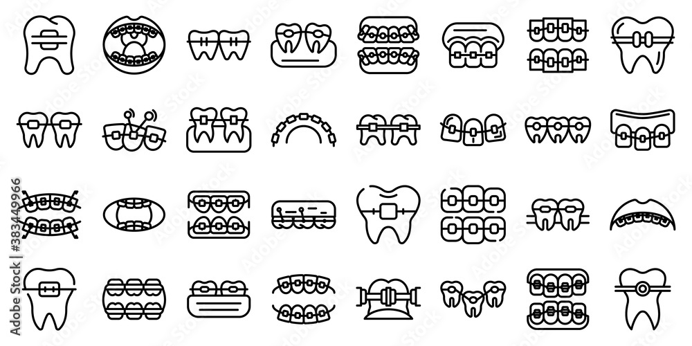 Tooth braces icons set. Outline set of tooth braces vector icons for web design isolated on white background