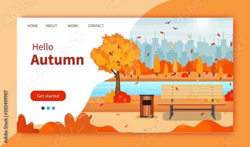 beautiful autumn city park with bench and town building background. Beautiful urban fall park. Website Landing Page template. Vector illustration in flat style.