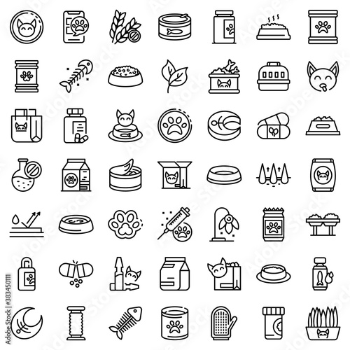Cat food icons set. Outline set of cat food vector icons for web design isolated on white background