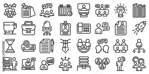Meeting icons set. Outline set of meeting vector icons for web design isolated on white background