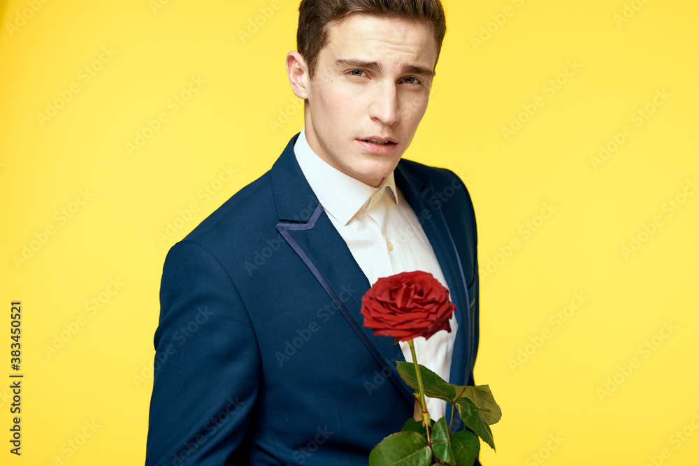 Gentleman in classic suit on yellow background with red rose romance Gentleman in classic suit on yellow background with red rose romance