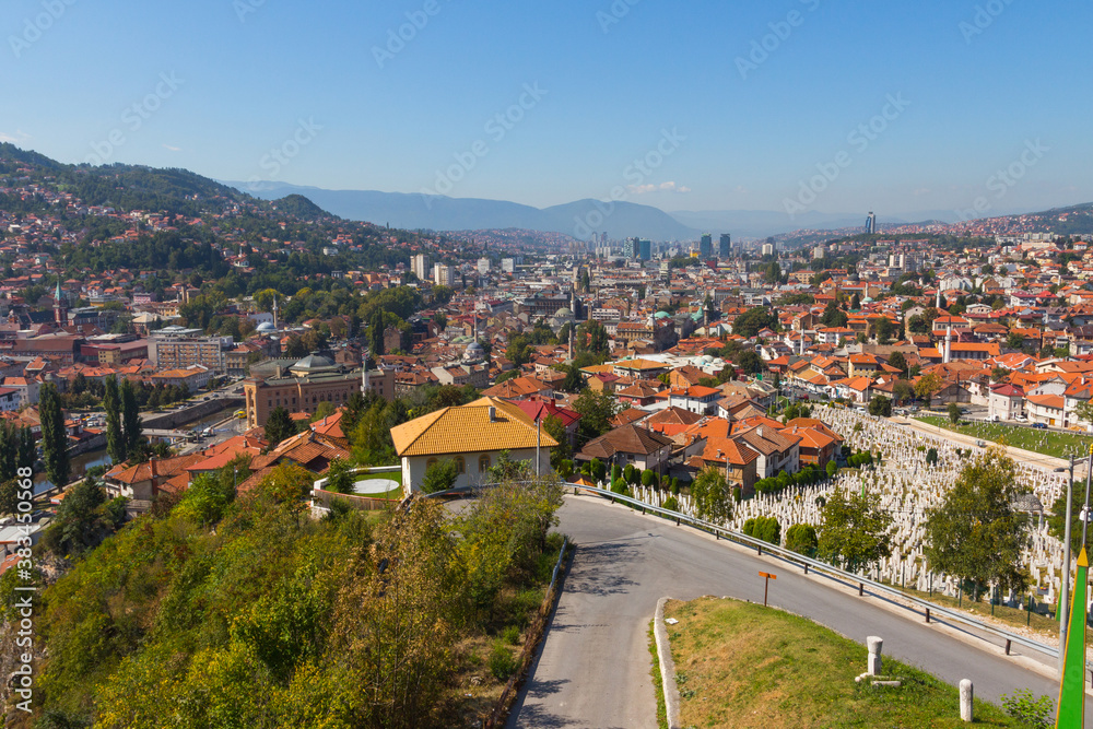 Panoramic view of the city of Sarajevo from the top of the hill. Bosnia and Herzegovina