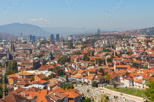 Panoramic view of the city of Sarajevo from the top of the hill. Bosnia and Herzegovina