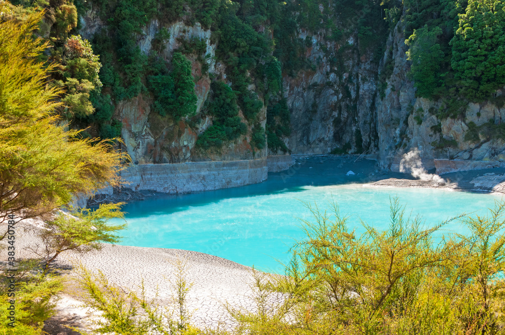 Amazing turquoise blue Inferno Crater Lake in Echo Crater in Waimangu volcanic valley in Rotorua, New Zealand landscape