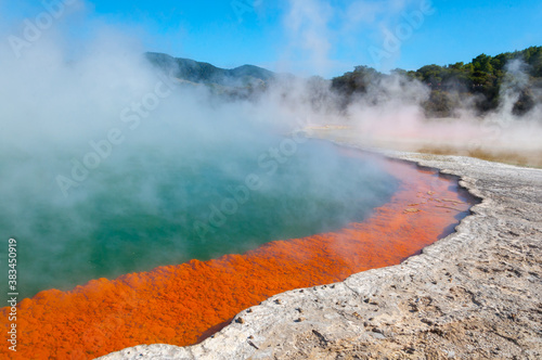 Vibrant colorful landscape of geothermal Champagne Pool, Wai-O-Tapu thermal wonder park, North island of New Zealand