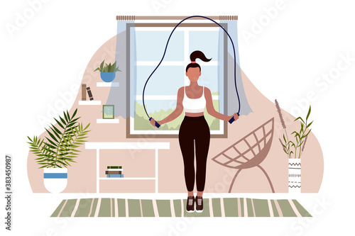 Woman jumping rope at home in flat style. The girl goes in for sports at home. Vector stock illustration