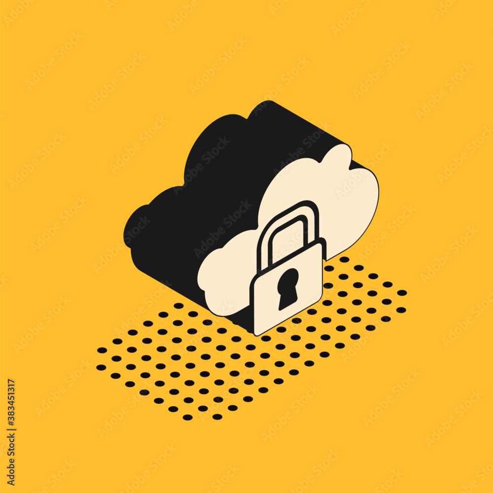 Isometric Cloud computing lock icon isolated on yellow background. Security, safety, protection concept. Protection of personal data. Vector.