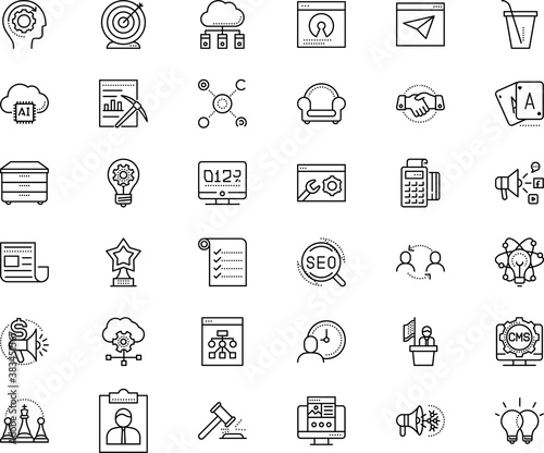 business vector icon set such as: arm, mechanism, press, news, restaurant, magnifier, brandy, open source, approve, armchair, report, map, group, source, investment, cocktail, credit, psychologist