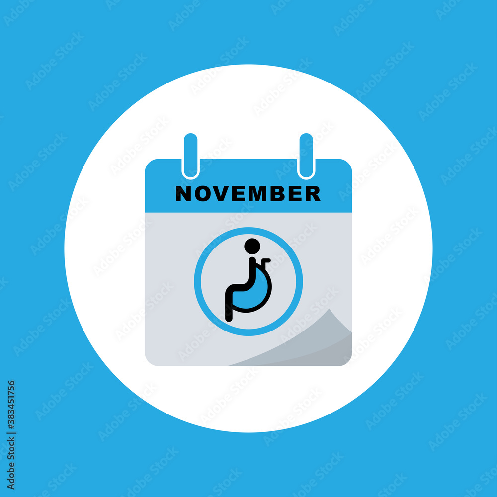 International diabetes day calendar icon with icon of a person sitting in a wheelchair. Design template vector International diabetes day calendar icon with icon of a person sitting in a wheelchair. Design template vector