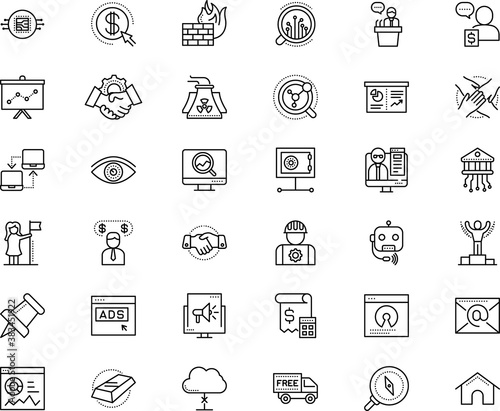 business vector icon set such as: seminar, art, environment, mental, job, pinned, calculator, source, transport, bill, insurance, idea, income, sight, phone, control, safety, atom, e-mail, health