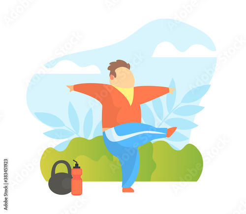 Chubby Man Doing Sport Exercise Outdoors, Overweight Man Character Doing Workout in Park Vector Illustration