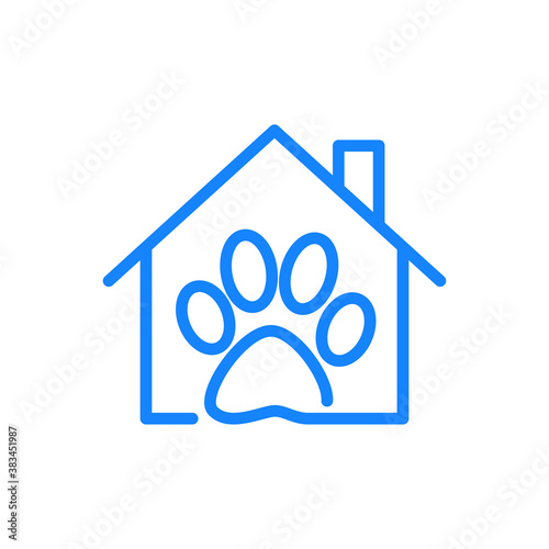 Cuidado de mascotas. Logotipo lineal zarpa de gato en casa en color azul
