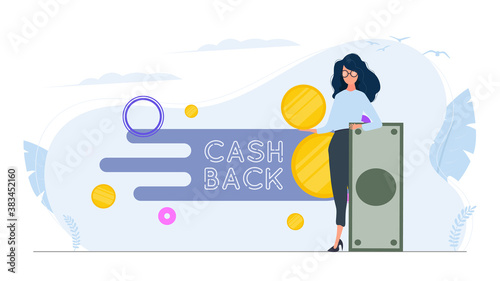 The girl is holding a dollar. Golden coins. Composition on the theme of money back and cashback. Vector.