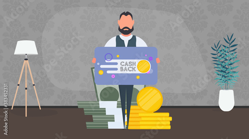 A man holds a banner with the inscription cashback. The guy with the table. The concept of saving money and cashback. Vector.