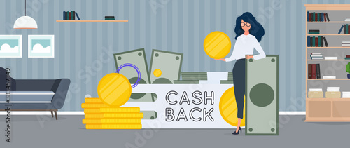 The girl is holding a dollar. Cashback lettering isolated on white background. Golden coins. Composition on the theme of money back and cashback. Vector.