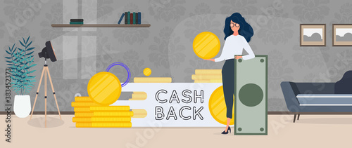 The girl is holding a dollar. Cashback lettering isolated on white background. Golden coins. Composition on the theme of money back and cashback. Vector.