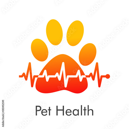 Asistencia sanitaria para mascotas. Logotipo zarpa de gato con pulso cardíaco en color naranja