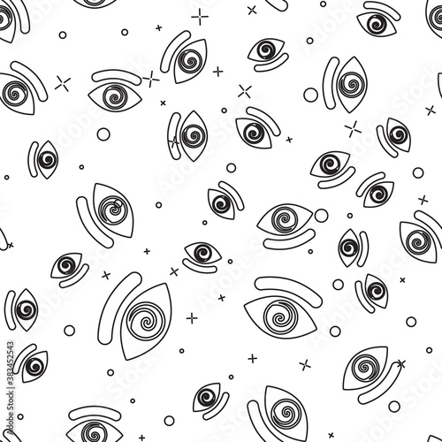 Black line Hypnosis icon isolated seamless pattern on white background. Human eye with spiral hypnotic iris. Vector.