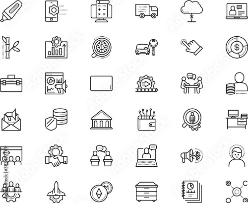 business vector icon set such as: package, hold, interior, workforce, future, interview - event, motor, travel, bubble, bamboo, human relationship, progress, dispute, colleague, investigation, store