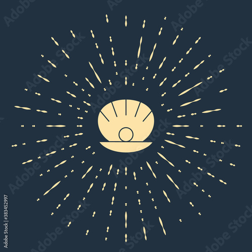 Beige Natural open shell with pearl icon isolated on blue background. Scallop sea shell. Seashell sign. Abstract circle random dots. Vector..