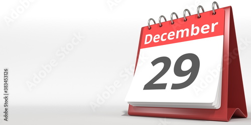 December 29 date on the flip calendar page, 3d rendering