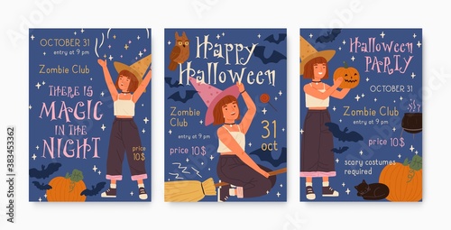 Colorful poster for childish Halloween party. Placard with little cute red haired witch riding magical broomstick, holding pumpkin. Flat vector cartoon illustration of happy girl in mage hat